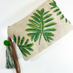 Palm Leaf Embroidered Wristlet Clutch in Natural and Green